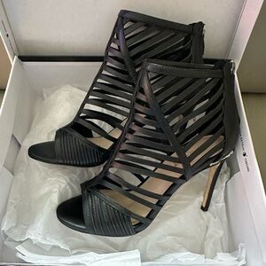 Nine West Jorine Black Leather Peep Toe Heeled Sandals